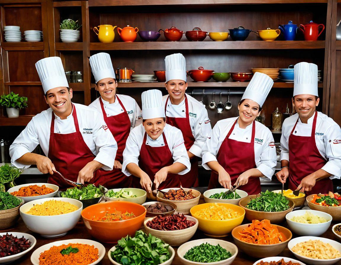 A vibrant, bustling kitchen scene filled with diverse chefs joyfully preparing an array of colorful and tantalizing dishes, each representing different cultures and flavors. Surround the kitchen with joyful families enjoying their meals together, showcasing smiles and laughter, highlighting festive food presentations. Incorporate elements like spices, fresh ingredients, and cooking utensils to emphasize the culinary creativity. warm tones and inviting details. vibrant colors. painting.